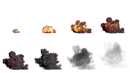 Set of Ground Fire and Smoke Explosion Isolated on Black Background with Alpha Channel. Medium Shot.