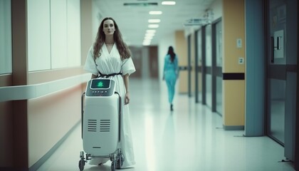 Service Roboter in der Pflege und im Krankenhaus. Zukunft der Pflegekraft und Arbeitsteilung mit Robotern als Hilfsmittel mit künstlicher Intelligenz. Krankenhausroboter als Pfleger -  KI generiert.