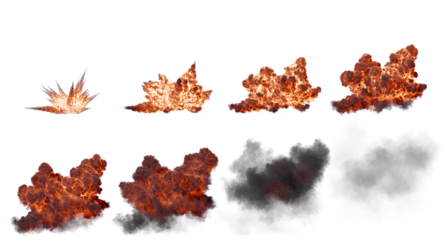 Set of Ground Fire and Smoke Explosion Isolated on Black Background with Alpha Channel. Medium Shot.