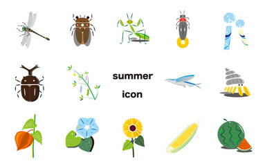 日本の夏の食べ物や昆虫や植物などの風物詩で描いたアイコン