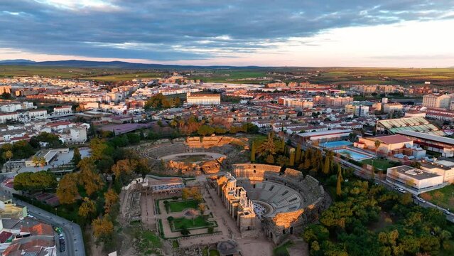 aerial view of old Roman Theatre of Merida spanish cultural icon landmark in Spain
