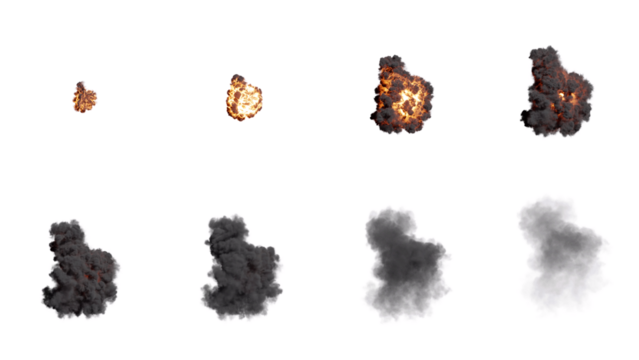 Set of Aerial Fire and Smoke Explosion Isolated on Black Background with Alpha Channel. Medium Shot.