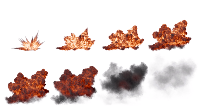 Set of Ground Fire and Smoke Explosion Isolated on Black Background with Alpha Channel. Medium Shot.