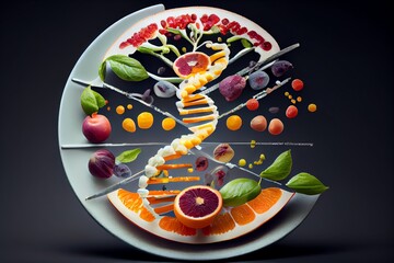 Dna Food And Genetically Modified Foods, Dna Helix Structure On Plate. Generative AI - obrazy, fototapety, plakaty