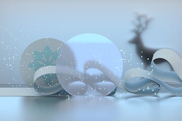 Christmas composition with round pedestals, product presentation shapes, raindeer shadow, snow and ribbon in blue colors. 3d render.