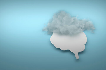 Mental brain fog illustration with human brain outline with realistic cloud on blue background. 3d render.