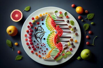 Dna Food And Genetically Modified Foods, Dna Helix Structure On Plate. Generative AI
