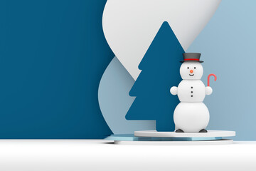 Christmas winter greeting card with Christmas tree and funny snowman on blue white background. Image with copy blank space. 3d render.