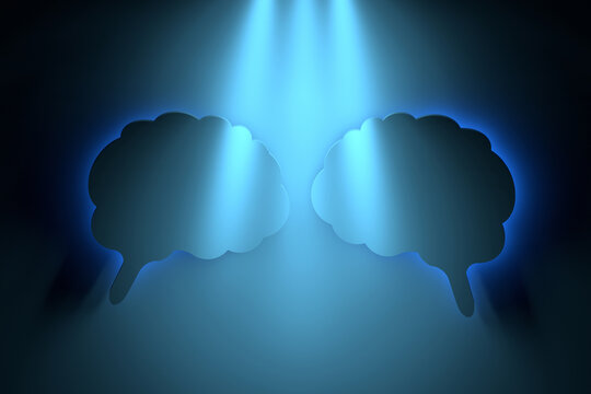 Concept illustration with two communicating brains illuminated with blue light. 3d render.