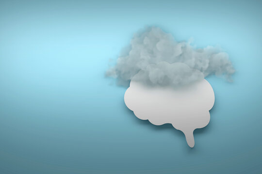 Mental brain fog illustration with human brain outline with realistic cloud on blue background. 3d render.