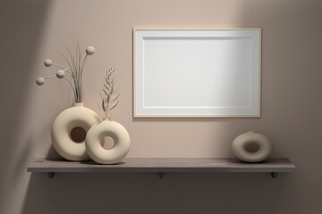 Mockup template with blank horizontal A4 frame and porcelein vases next to beige wall. 3d render.