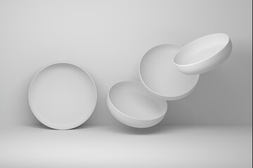Plates Dishes mockup template with many flying dishes on white background. 3d render.