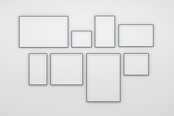 Mockup template wall gallery, set of 8 small frames collection on white wall. 3d render.