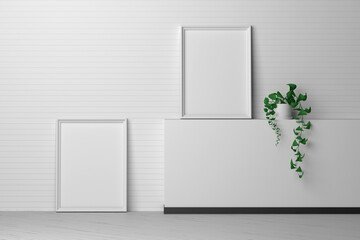 Mockup template with two vertical standing A4 blank frames in room interior with green home plant. 3d render.
