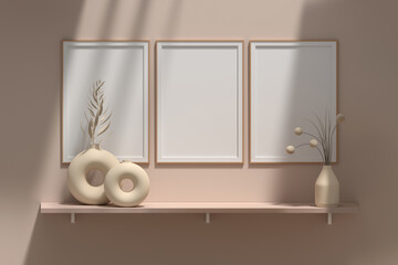 Mockup template with three 3 blank vertical A4 frames, decorative porcelein vases on wooden shelf next to beige wall. 3d render.