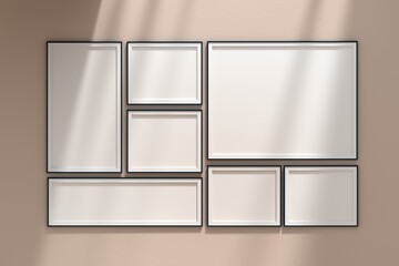 Mockup template wall gallery, set of 7 frames collection on beige wall with shadows. 3d render.
