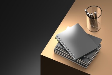 Office composition with notebooks and pencils in a glass in black golden colors. 3d render.