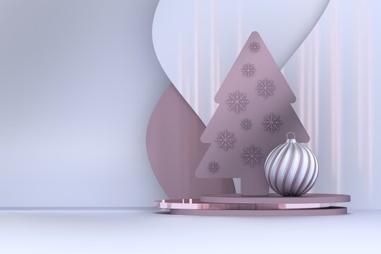 Christmas Composition With Christmas Tree, Festive Bauble And Blank Copy Space. 3d Render.