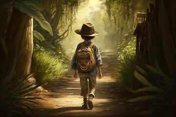 Young boy walking on a forest trail created with Generative AI