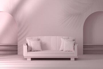 Mockup template interior with blank pink wall, niches, arches with shelfs  and sofa with pillows. 3d render. 