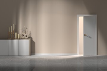 Mockup template with blank beige wall, opened doors and cabinet with decorative candles, vases. 3d render. 
