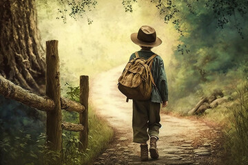 Young orphan boy walking down a forest trail created with Generative AI