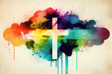 Illustration Abstract Watercolor Paper Background With Rainbow Colors And Cross. Generative AI