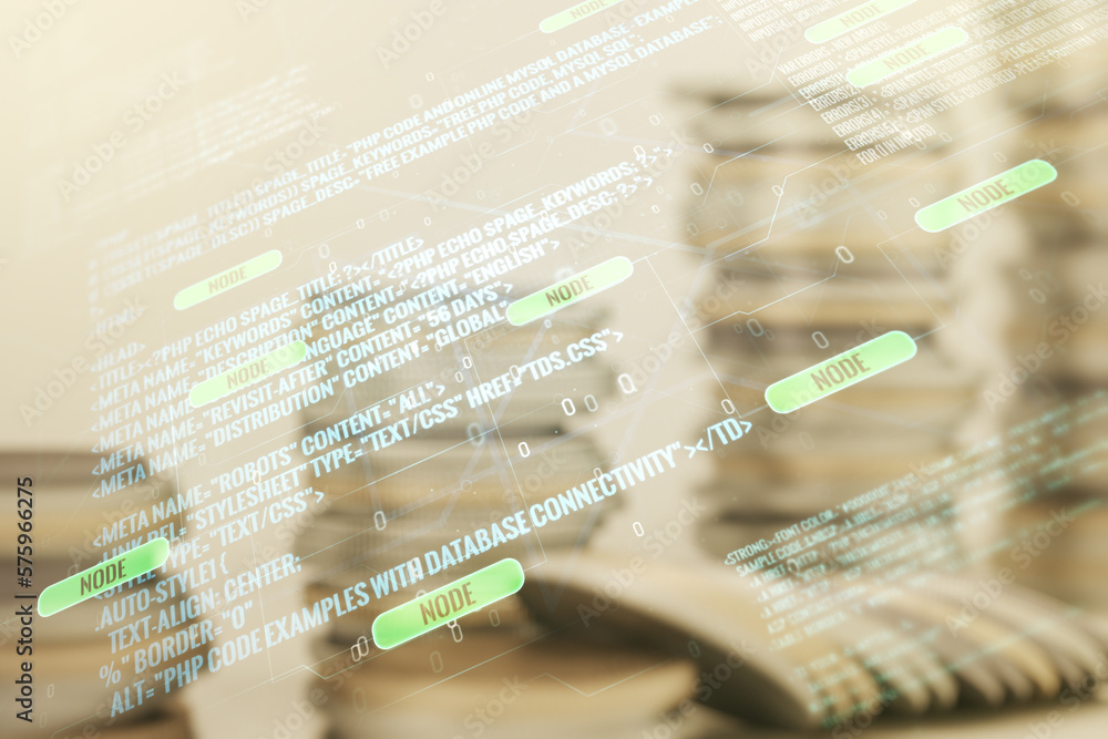 Poster abstract virtual coding concept on stacks of coins background. multiexposure
