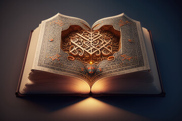 Fototapeta premium Quran, Koran, Holi book. Abstract Open book in islamic style on a dark background. Generative ai illustration. Reading Coran. Eid Mubarak Ramadan Kareem wallpaper