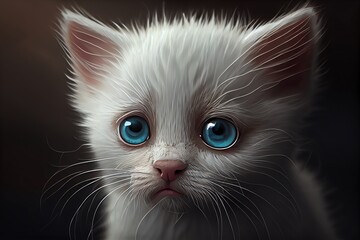 Sad Cat, Cute Crying And Very Sad Small White Kitten With Striking Blue Eyes Illustration. Generative AI