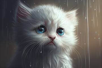 Sad Cat, Cute Crying And Very Sad Small White Kitten With Striking Blue Eyes Illustration. Generative AI