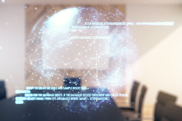 Abstract virtual coding concept and world map hologram on a modern conference room background. Multiexposure