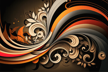An abstract design with swirls and leaves on a brown and orange background. Generative AI.