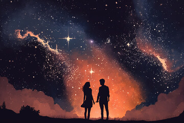 Two lovers in a romantic couple pose with starry night galaxy sky. Man and woman silhouette in happy relationship. Ai generated - 575966847