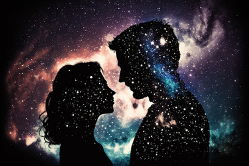 Obraz na płótnie Canvas Two lovers in a romantic couple pose with starry night galaxy sky. Man and woman silhouette in happy relationship. Ai generated