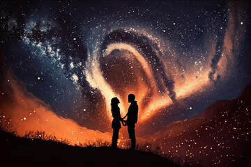 Fototapeta na wymiar Two lovers in a romantic couple pose with starry night galaxy sky. Man and woman silhouette in happy relationship. Ai generated