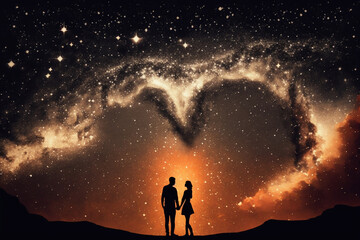 Fototapeta premium Two lovers in a romantic couple pose with starry night galaxy sky. Man and woman silhouette in happy relationship. Ai generated