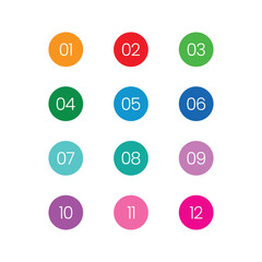 Colorful 1-12 numbers. numbers in circle. colored buttons and numbers