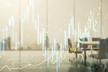 Double exposure of abstract creative financial chart hologram on a modern meeting room background, research and strategy concept