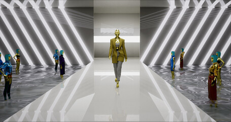 3D Fashion Show. The Virtual Female Model Walks Down the Runway. A Trendy Fashionable Gray Suit. Meeting in Virtual Space, Meta Podium Show. Concept of Gamification and Realization of NFT Products. 3D