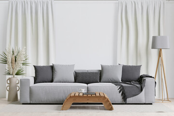 big white living room.interior design,gray and black sofa,wooden table,floral in vase,lamp,carpet ,wall for mock up and copy space