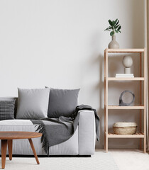 close up minimal style living room with wooden floor ,white wall,big couch,big window,carpet,wooden cabinet,wall for mockup