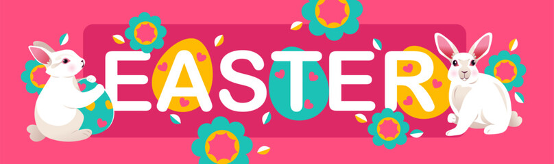 Happy easter web banner or greeting card template. Trendy banner with bunnies, decorated eggs and flowers. Vector cartoon illustration.
