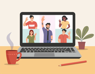Video conference of different people. Young women and men waives hands in hello gesture while smiling cheerfully. Laptop on the desk. Vector flat cartoon style illustration