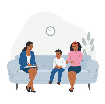 Child psychiatrist work with small black boy and his mom on the sofa. Psychological consultation. Vector flat style illustration