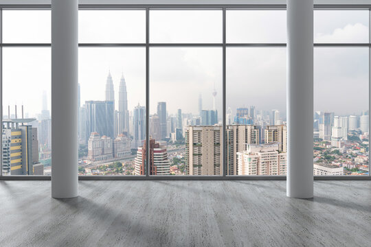 Fototapeta Downtown Kuala Lumpur City Skyline Buildings from High Rise Window. Beautiful Expensive Real Estate overlooking. Empty room Interior Skyscrapers View Malaysia. Day time. 3d rendering.