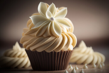 Classic vanilla cupcake with copy space. Generative AI