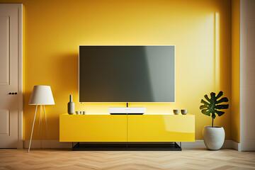 TV on cabinet in living room and decor with Yellow Wall using Generative AI technology