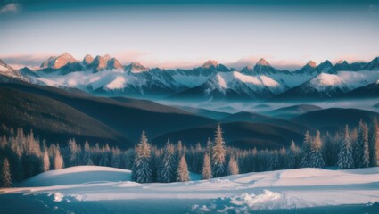 Fototapeta na wymiar winter, snow-capped mountains and forest