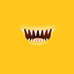 Vector Cartoon open mouth with fangs isolated on orange background. Funny and cute Halloween Monster open mouth with big vampire fangs. jaws and mouth of the beast cartoon illustration